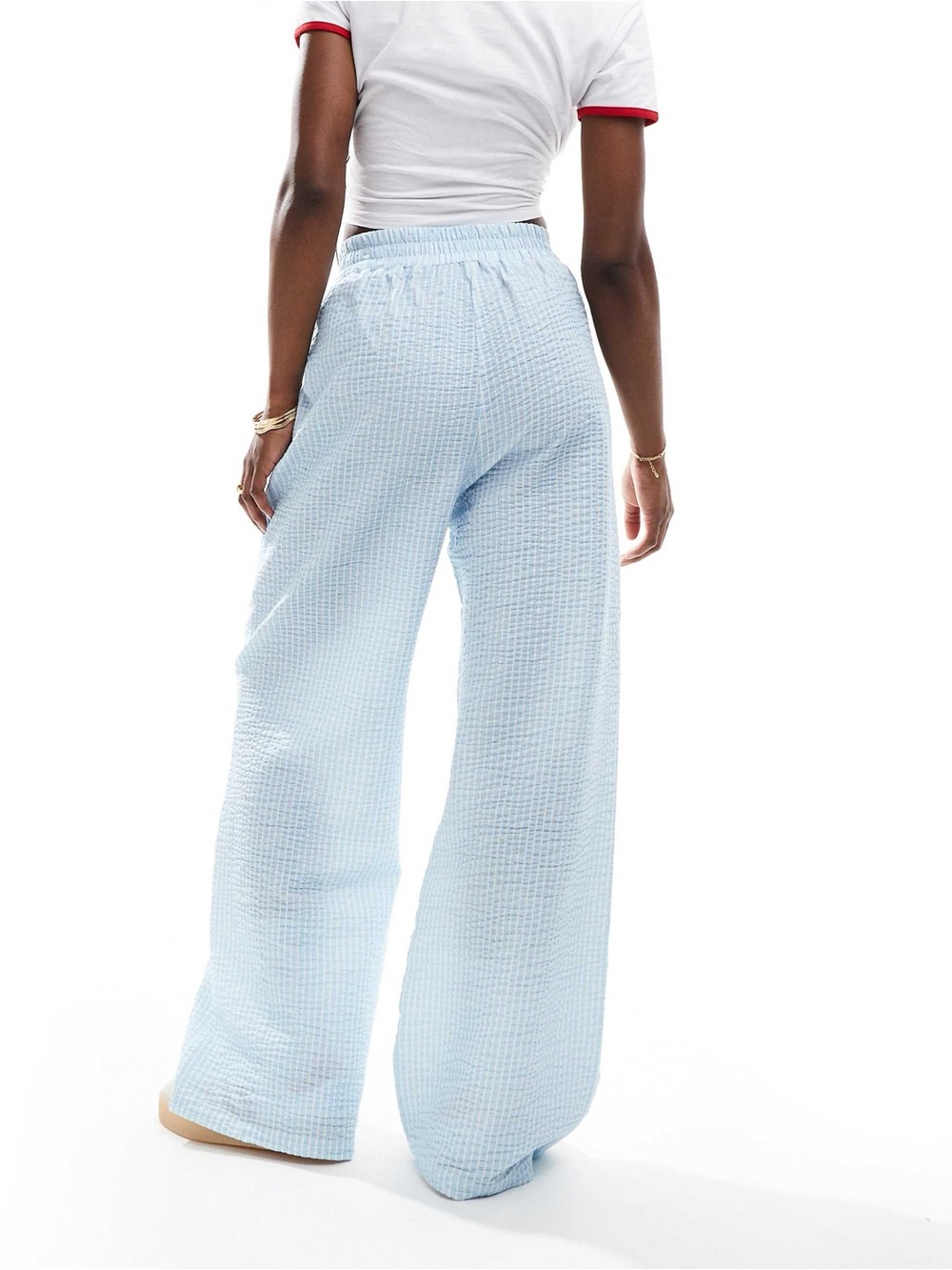 Gingham Light Blue and White Elastic High Waist Wide Leg Summer Pants Size Small